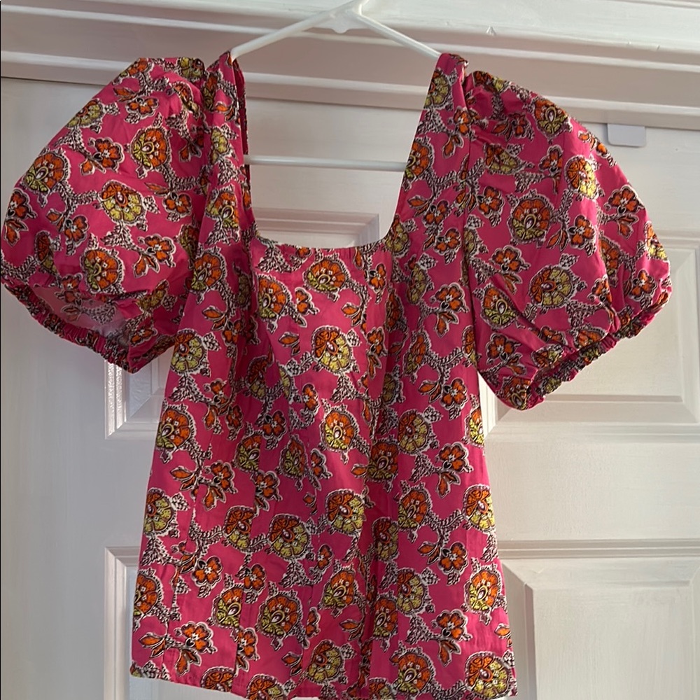 J. Crew Pink and Yellow Puff Sleeve Blouse